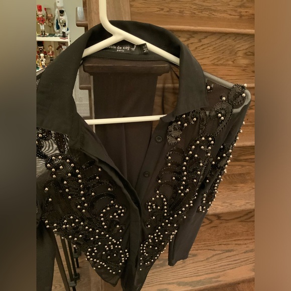 Boutique Paris Beaded Sequin Black Sheer Long Sleeve Body Suit Size Medium/Large - Picture 11 of 16